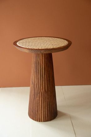 Kalalou Round Wooden Side Table With Woven Cane Top