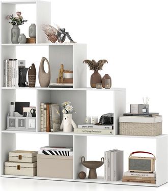 Costway 4-Tier Stepped Bookshelf Modern Ladder Bookcase w/6 Storage Cubes-White