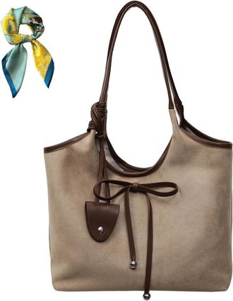 Generic Women Simple Commute Underarm Suede Purse with Bow,Brown Slouchy Hobo Shoulder Bags,Trendy Fall Tote Bag Work Daily (Khaki)