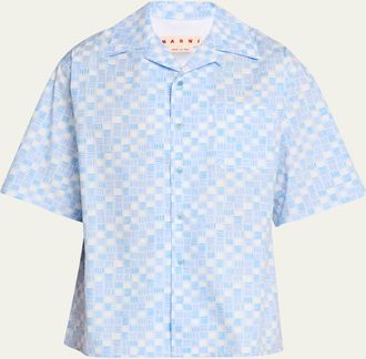 Marni Mens Poplin Cotton Checkered Short-Sleeve Shirt