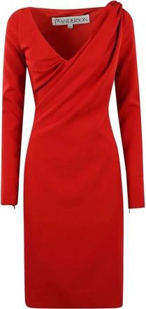 J.W.Anderson V-Hals Gedrapeerde Jurk - Dames - Casual kleedjes - Rood - 2XS - Leer - Kleedjes