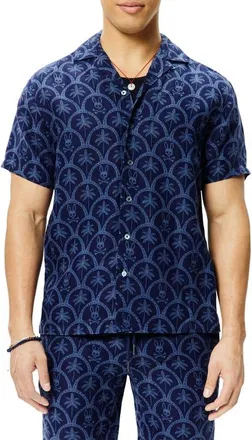 Psycho Bunny Brad Linen Blend Camp Shirt in Evening Blue at Nordstrom, Size Medium