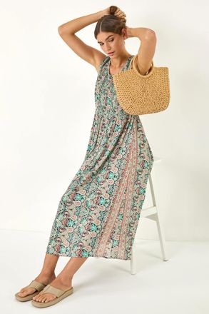 Roman Paisely Print Shirred Midi Dress