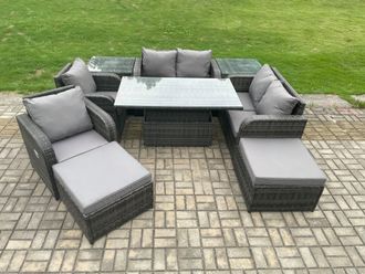 Fimous Rattan Furniture Garden Dining Sets Outdoor Height Adjustable Rising lifting Table Love Sofa Chair in Dark Grey