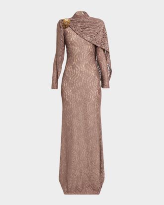 Reem Acra Long-Sleeve Shimmering Lace Draped Gown With Brooch