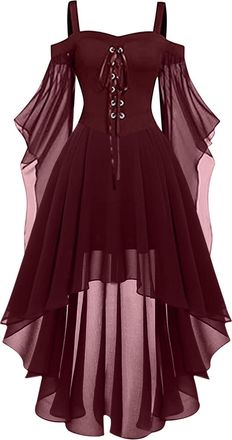 Generic Renaissance Costume Womens Medieval Flared Sleeve Off Shoulder Chiffon Lace Up Retro Asymmetric Hem Gothic Dress Carnival Halloween Party Cosplay Pala