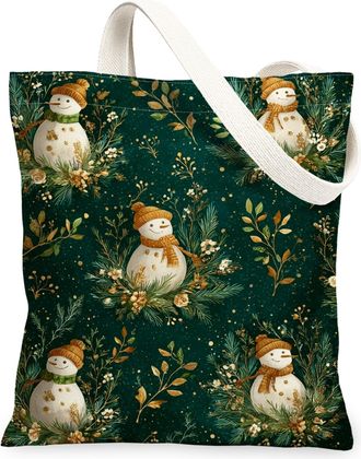 Generic Vintage Snow Man Canvas Tote Bags, Fanciful Holiday Design Reusable Grocery Bags, Lightweight Washable Shoulder Strap Canvas for Shopping Outdoors 13x