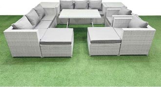 Fimous Fimous 10 Seater Garden Furniture Set PE Ratten Garden Sofa Set with Rectangular Dining Table 2 Big Stool 2 Side Tables Light Grey