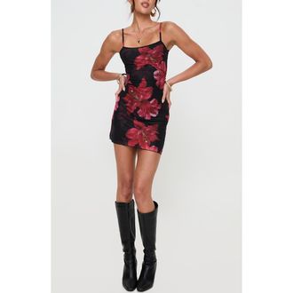 Princess Polly Kellers Floral Mesh Mini Slipdress in Black /Red at Nordstrom Rack, Size 0