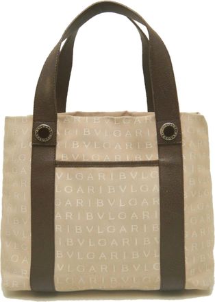 Bulgari Logomania Beige Brown Canvas Leather Tote Bag (Pre-Owned)