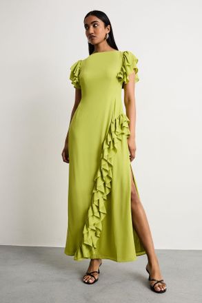 Warehouse Womens Side Split Ruffle Detail Maxi Dress - Lime Green - Size 10 UK