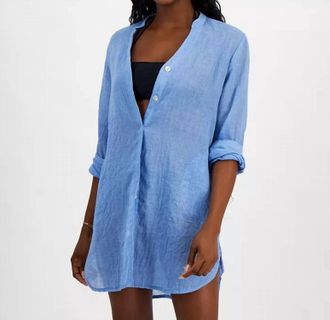 J. Valdi Womens Big Shirt Button-Front Long-Sleeve Swim Cover-Up In Chambray