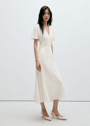 Mango Vestito collo a V maniche corte bianco - Donna - XS - MANGO