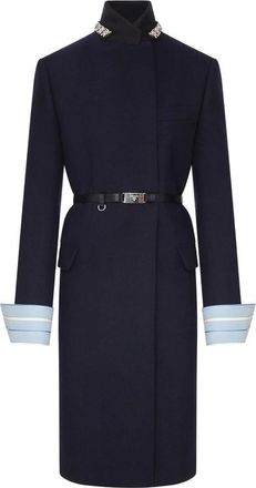 Prada Long Wool Coat With Belt And Jewel Collar