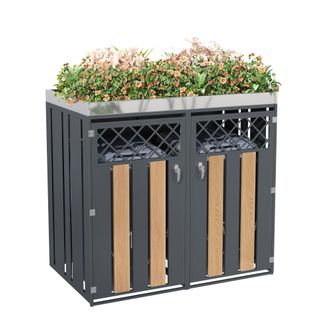 STILVORA Armario Para Cubos De Basura Con Jardinera Integrada, 2 Compartimentos Con Cerradura, Acero Gris Aspecto Madera