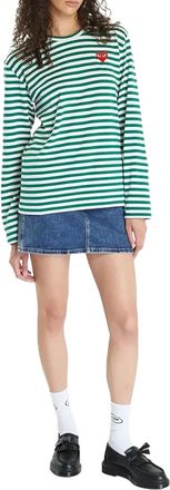 Comme Des Gar&ccedil;ons Striped Red Heart Logo T-Shirt - Green