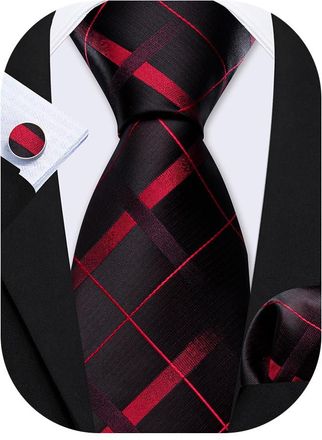 Barry.Wang Men Ties Necktie Set Formal Red Black Silk Pocket Square Cufflinks Wedding Business