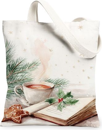 Generic Christmas Holly Canvas Tote Bags, Festive Plant Design Reusable Grocery Bags, Vintage Lightweight Washable Canvas for Outdo, White, 13x15 Inch