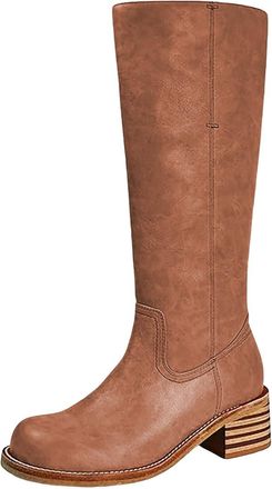 Generic Knee High Boots Women Wide Calf Mid Calf Boots Chunky High Heel Long Boots Slip On Thick Bottom Boots Leather Comfort Walking Boots Casual Smart Hikin