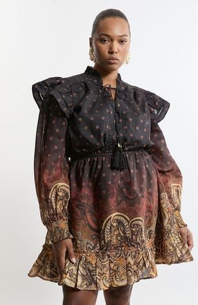 Karen Millen Plus Size Frill Detail Sleeve Paisley Print Cotton Woven Maxi Dress