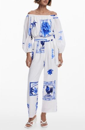 Desigual Placed Print Off the Shoulder Long Sleeve Jumpsuit in White at Nordstrom, Size X-Small