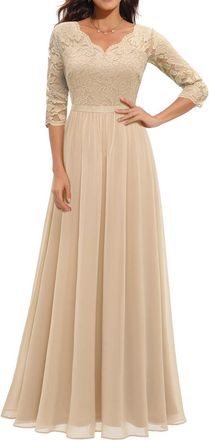 Generic Womens Cocktail Dresses Elegant Chiffon V Neck Flowy Maxi Long Dress UK Ladies Plain Prom Wedding Guest Dress Dressy Lace Short/Long Sleeve Empire Dre