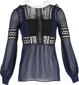 Self Portrait Lace Detail Long Sleeve Blouse in Navy Blue Polyester