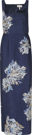 Saloni Blue Bora Metallic Jacquard Square-Neck Maxi Dress