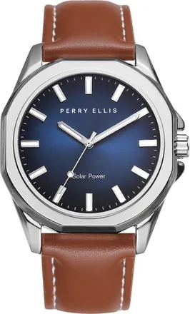 Perry Ellis Solar Powered 3-Hand Quartz Leather Strap Watch, 41mm in Silver at Nordstrom Rack