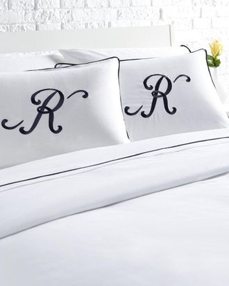 Montague & Capulet 400 Thread Count Glam Cotton Monogrammed Duvet Set With Navy Piped Edge Accent