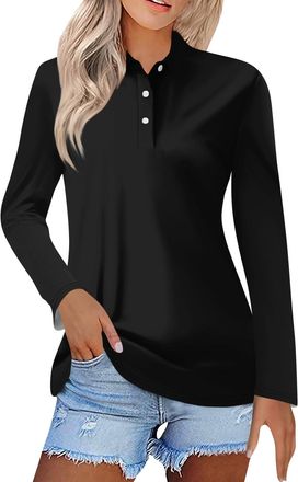 Generic Womens Fall Fashion 2025 Lapel Long Sleeve Polo Shirts with Collar Button Casual Business Blouses Tops Black XL 12