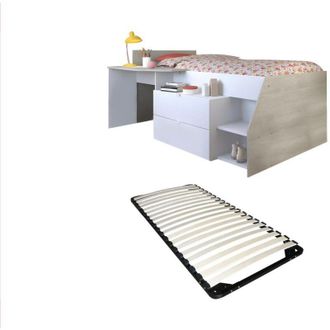 Vente-Unique Letto con scrivania e scomparti 90 x 190/200 cm Bianco e Naturale + Rete - GISELE