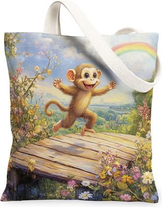 Generic Spring Monkey Canvas Tote Bag for Shopping 13x15, Country Garden Animal Reusable Grocery Print Pattern Bag for Women, Fun Flower Scenic Beach Aestheti