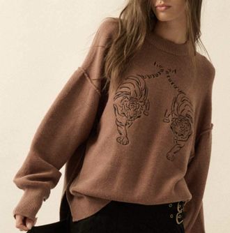 Promesa Embroidered Tigers Sweater In Brown