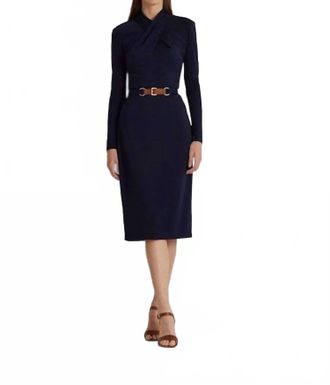 Ralph Lauren Belted Mockneck Jersey Midi Dress In Blue