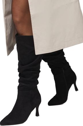 Wallis Wide Fit Hibiscus Faux Suede Ruche High Stiletto Heel Knee Boots, 4, Natural Black