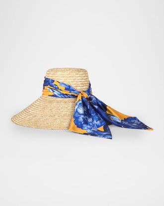 Eugenia Kim Mirabel Wide-Brim Straw Sun Hat with Scarf