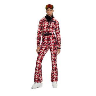 HUGO BOSS Womens Hooded Neck Long Sleeve Houndstooth Patterned Skisuit in Red - Size 12 UK