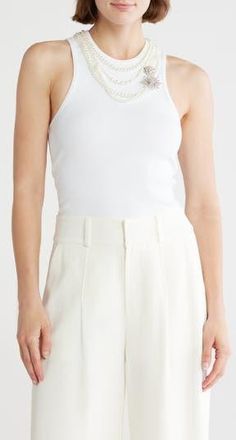Cinq à Sept Lizzie Faux Pearl Chain Embellished Tank in White at Nordstrom Rack, Size X-Small