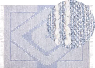Beliani Alfombra De Algod&oacute;n Azul Blanco Crema 140 X 200 Cm Geom&eacute;trico Tribal Borlas Ansar