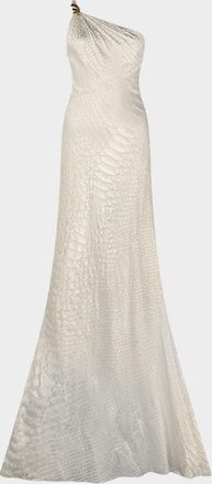 Roberto Cavalli Serpentine-Print Silk One-Shoulder Maxi Dress