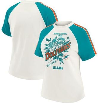 WEAR by Erin Andrews Womens WEAR by Erin Andrews White Miami Dolphins Sleeve Stripe Distressed Raglan T-Shirt at Nordstrom, Size Xx-Large