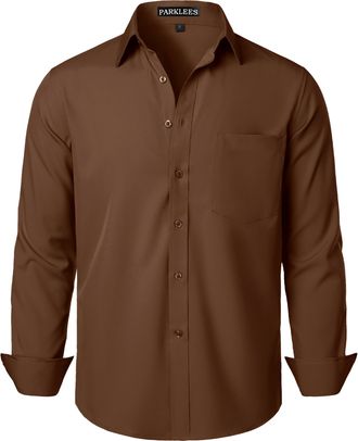 PARKLEES Mens Regular Fit Dress Shirt Solid Wrinkle-Free Long Sleeve Casual Business Button Up Shirts with Pocket ZSSCL05-Brown XXX-Large