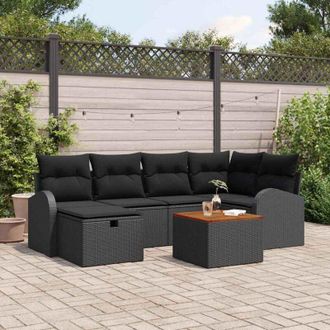 vidaXL Conjunto De Sof&aacute; De Jard&iacute;n Con Coj&iacute;n 7 Pcs Negro Polirat&aacute;n