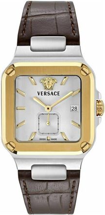 Versace Greca Edge Two-Tone Leather Strap Watch, 38mm x 49mm in Two Tone at Nordstrom