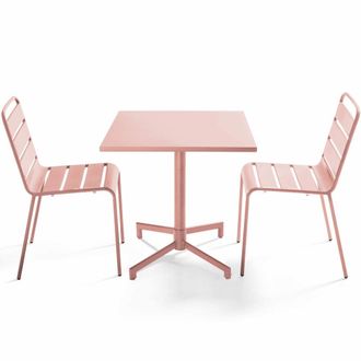 Oviala Conjunto de mesa y 2 sillas de jard&iacute;n de metal de 70 cm rosa empolvado