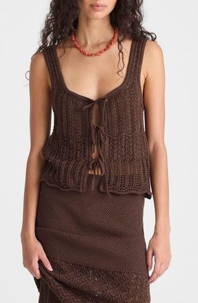 Madewell Pointelle Stitch Tie Front Cotton Sweater Tank in Dark Brown at Nordstrom, Size Xx-Small