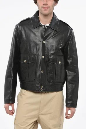 Dsquared2 Leather Jacket AVIATOR with Snap Buttons and Maxi Patch Pockets Dsquared2