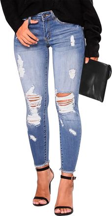 Generic Womens Distressed Skinny Jeans, Ripped Stretch Denim Trousers for Ladies, Slim Fit Y2K Jeans for Casual Everyday Wear, Fashionable Jeans Women UK Ligh