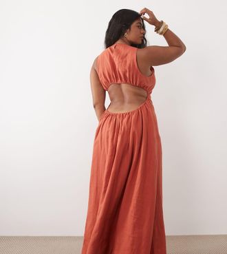 Asos Curve ASOS DESIGN Curve - Vestito lungo premium stretto in vita 100% lino con schiena scoperta color terracotta-Rosso